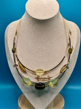 NWOT 3-Strand Beaded Illusion Olive Green and Amber Beaded Necklace